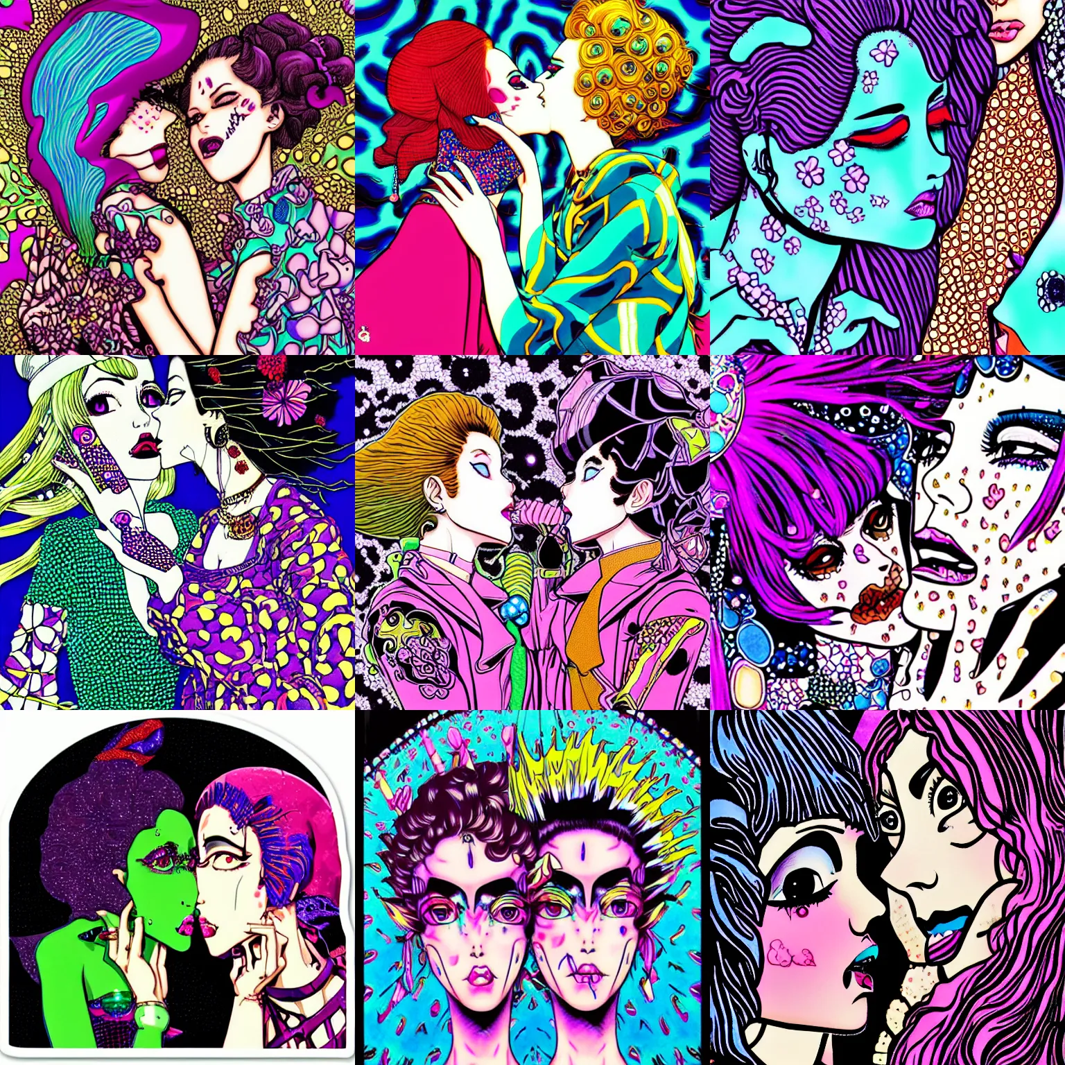 Prompt: Close-up of two trippy women Stands kissing by Hirohiko Araki, high fashion, psychedelic illustration, dark art, Jojo manga key visual, sticker illustration