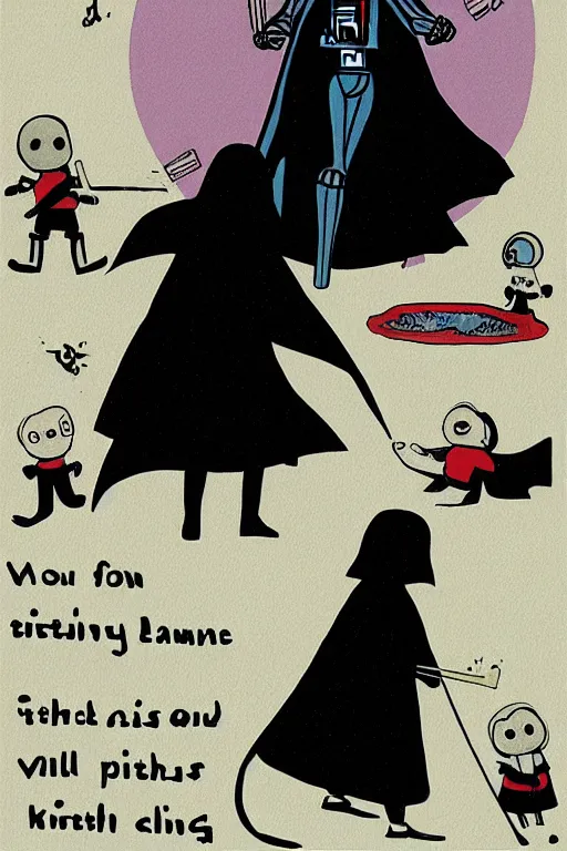 Image similar to an illustration of darth vader killing children in the style of goodnight moon by margaret wise brown