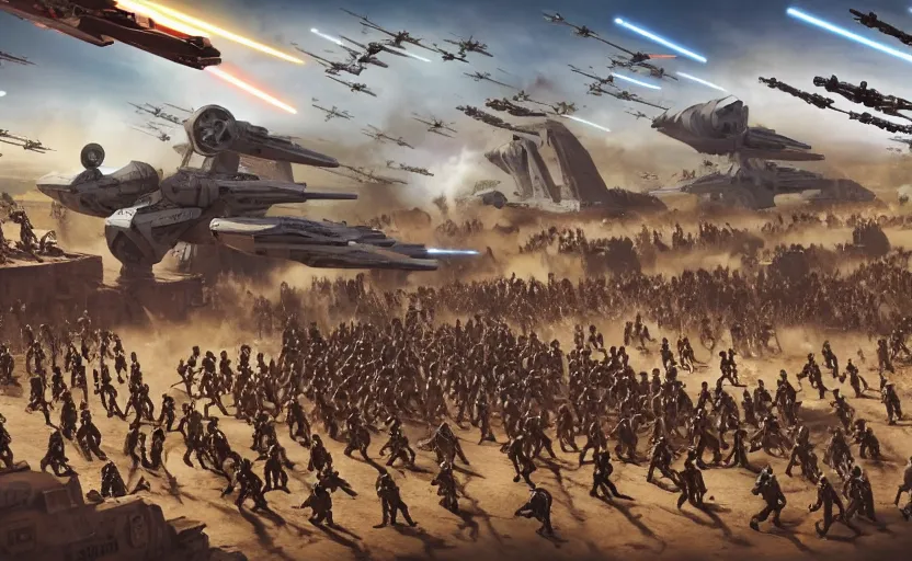 Prompt: liberty leading the people, battle of geonosis, french revolution, jedi, blaster, tie fighters, x - wings