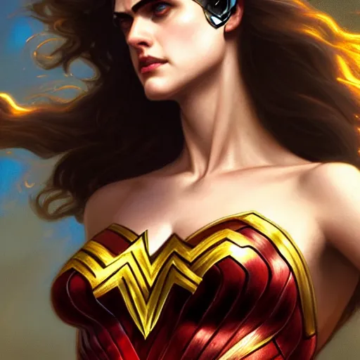 Image similar to Beautiful Alexandra Daddario as Wonder Woman, western, D&D, fantasy, intricate, elegant, highly detailed, digital painting, artstation, concept art, matte, sharp focus, illustration, art by Artgerm and Greg Rutkowski and Alphonse Mucha