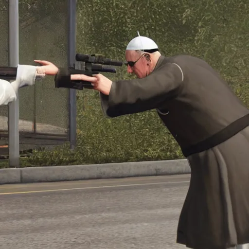 Image similar to the pope shooting a gun as a game character in gta 5, game graphics, game screenshot