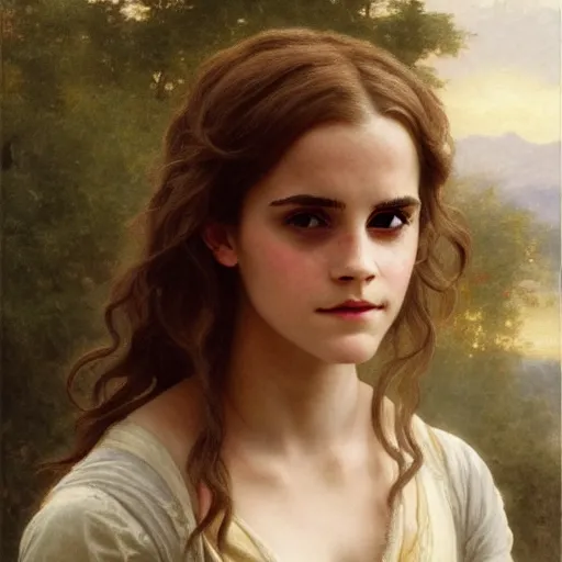 Image similar to Painting of Emma Watson as Hermione Granger. Art by william adolphe bouguereau. During golden hour. Extremely detailed. Beautiful. 4K. Award winning.