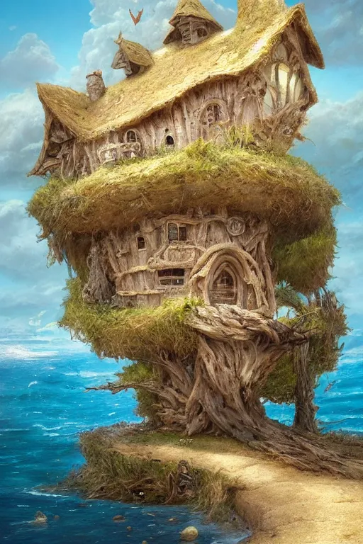 Prompt: wide angle view, a beautiful digital painting of a fairy house made of sand and driftwood on a beautiful coastline, tranquil day, magical, by greg rutkowski, brian froud, marc simonetti, jean - baptiste monge, symmetry, complementary colors, ink illustration, trending on artstation