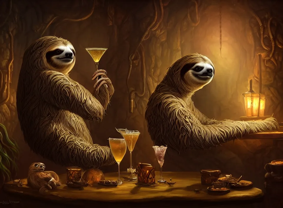 Prompt: sloth anthro as d&d adventurer, dimly-lit cozy tavern, relaxed poses, fantasy art, detailed painterly digital art style by Rolf Armstrong, d&d vibe, fireplace, furaffinity, 🍸, 8k octane beautifully detailed render, post-processing, extremely hyperdetailed, intricate, epic composition, grim yet sparkling atmosphere, cinematic lighting + masterpiece, trending on artstation, very detailed, vibrant colors