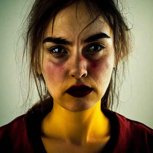 Image similar to a photo of a woman. moody and melanchony. with small amount of red and yellow.