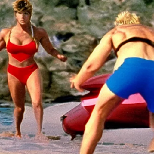 Prompt: A still of Samus Aran from Metroid in Baywatch (1989)