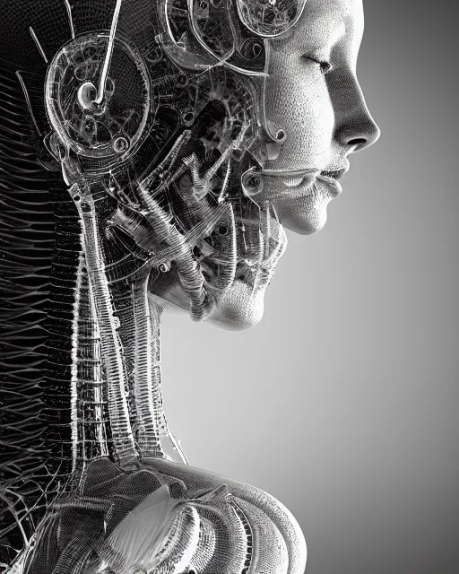 Image similar to mythical dreamy black and white organic bio-mechanical spinal ribbed profile face portrait detail of translucent steampunk mechanical beautiful female angelic-human-queen-realistic-cyborg, highly detailed, intricate crystal jelly ornate, poetic, 3D render, digital art, octane render, 8K artistic photography, photo-realistic, by Dora Maar