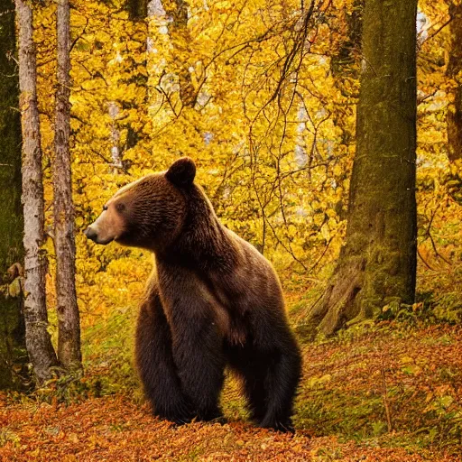 Image similar to a bear standing in a beautiful autumn forest, very high detail ultra quality photo, sigma 2 0 0 2. 8