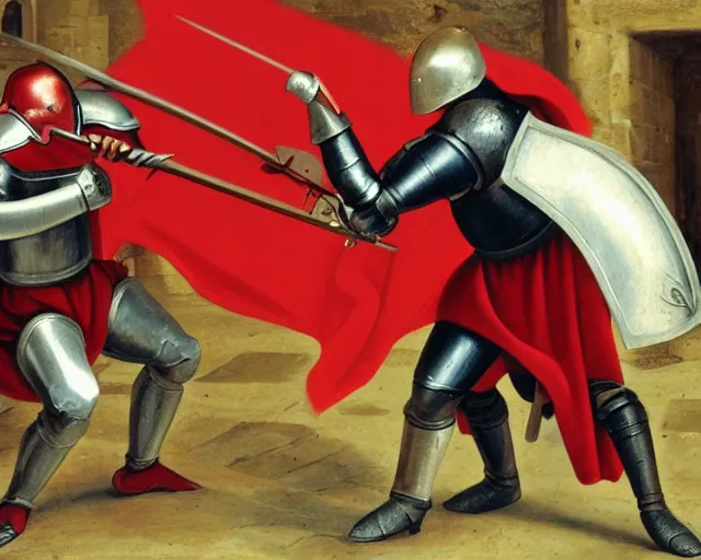 Image similar to 15th century medieval knight fighting against a red demon, 4K