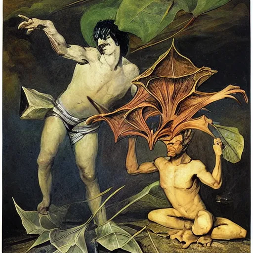 Image similar to close relationship between datura stramonium and men, mythical full of symbolism picture, hyper detailed, hyper realistic, warm colours, symbiosis, Francisco Goya style