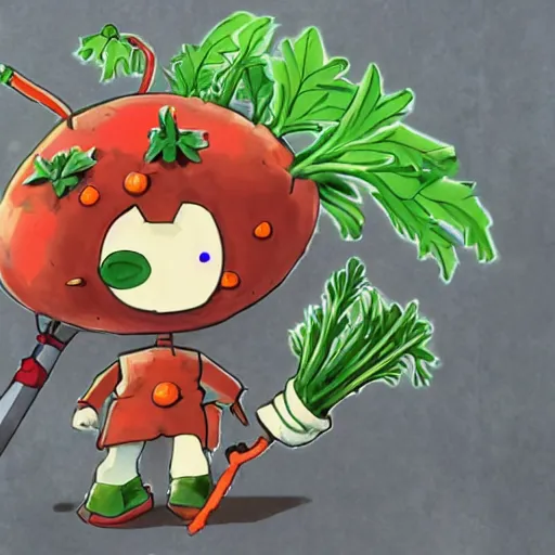 Image similar to robot made of vegetables, tomato head and a carrot sword, made in abyss style