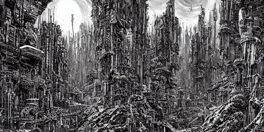 Image similar to post apocalyptic scifi landscape with city ruins by philippe druillet