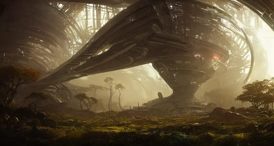 Prompt: Retro futuristic Sci-Fi space forest scene, Giant Aztec spaceship, volumetric light, fog, dusk lighting, intricate details ,by denis villeneuve, Ridley Scott, Greg Rutkowski and Alphonse Mucha