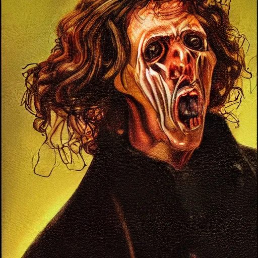 Prompt: a close up of a person with a weird look on his face, a character portrait by robert lenkiewicz, deviantart contest winner, shock art, macabre, concert poster, pre - raphaelite