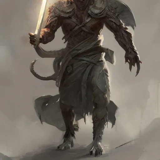 Prompt: character concept of a draconid in simple robes, carrying a war hammer, big, scars on face, half dragon half human, by greg rutkowski, trending on art station, character concept art