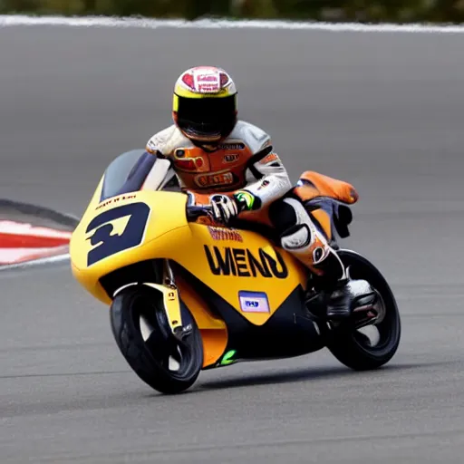 Image similar to lando norris, on a tiny motorbike, giving the middle finger