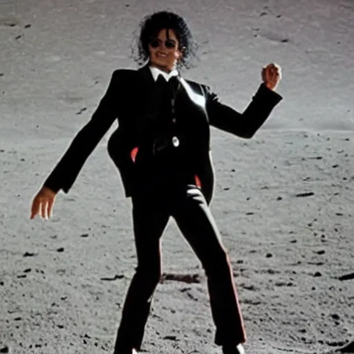 Prompt: michael jackson wearing his tuxedo and doing a moonwalk dance move on the moon