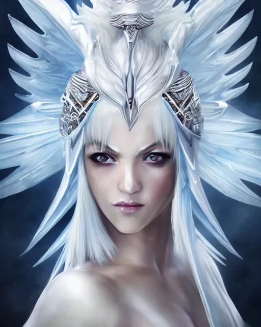 Prompt: perfect white haired egyptian goddess wearing white dove wings, warframe armor, regal, attractive, ornate, sultry, beautiful, ice queen, half asian, pretty face, blue eyes, detailed, scifi platform, 4 k, ultra realistic, epic lighting, android body, masterpiece, art by akihito tsukushi, voidstar, artgerm
