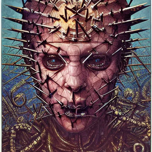 Prompt: realistic detailed image of Hellraiser by Ayami Kojima, Amano, Karol Bak, Greg Hildebrandt, and Mark Brooks, Neo-Gothic, gothic, rich deep colors. Beksinski painting, part by Adrian Ghenie and Gerhard Richter. art by Takato Yamamoto. masterpiece