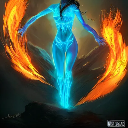 Image similar to a fantastical glowing elf made of fire illustrated by artgerm and greg rutkowski