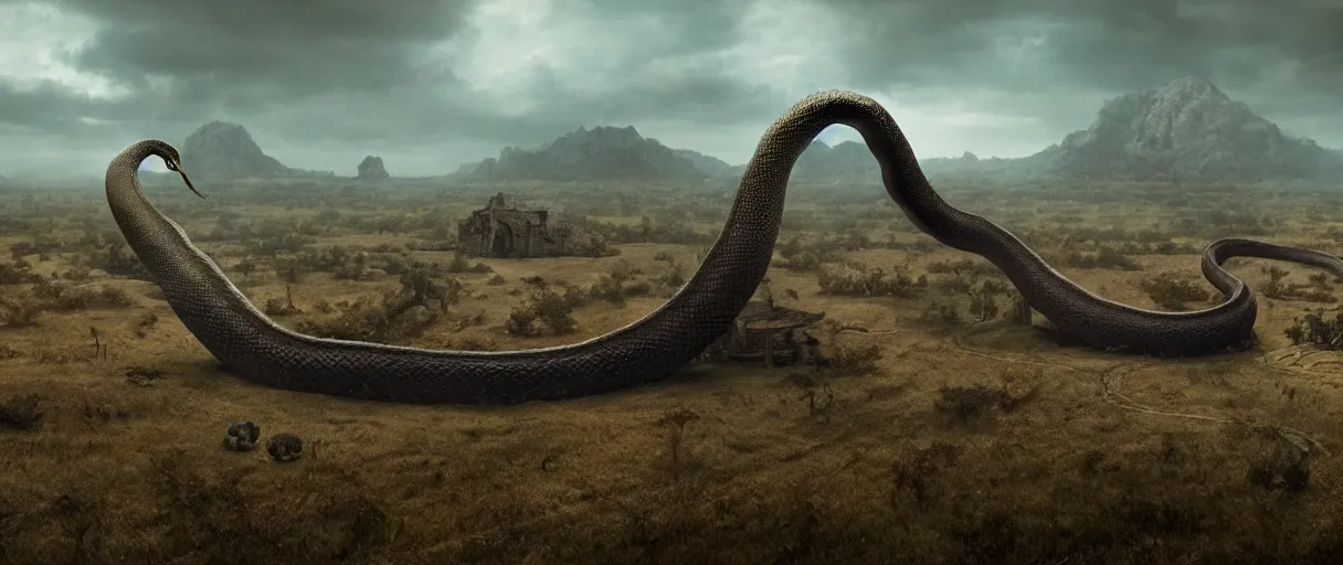 Image similar to a giant snake near a village, high detail, 8k, ornate, dark fantasy, maximalist, realistic, masterpiece, complex, WLOP, film still from the movie directed by Denis Villeneuve with art direction by Salvador Dalí