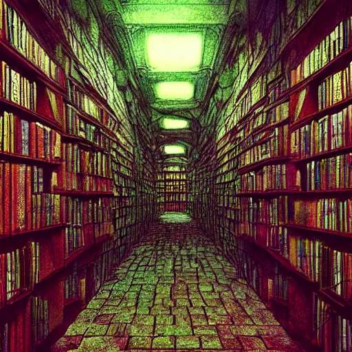 Prompt: “lost in a labyrinth that is Powell’s City of Books. Creepy liminal photo. Hyperrealistic, benchmark resolution photo in the style of Beksinski”