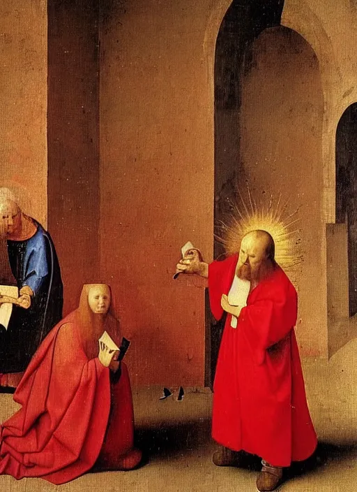 Prompt: angels dressed in red reading the bible and arguing in Tuscany by Jan van Eyck, Hieronymus Bosch, Johannes Vermeer 4k post-processing, highly detailed medieval painting