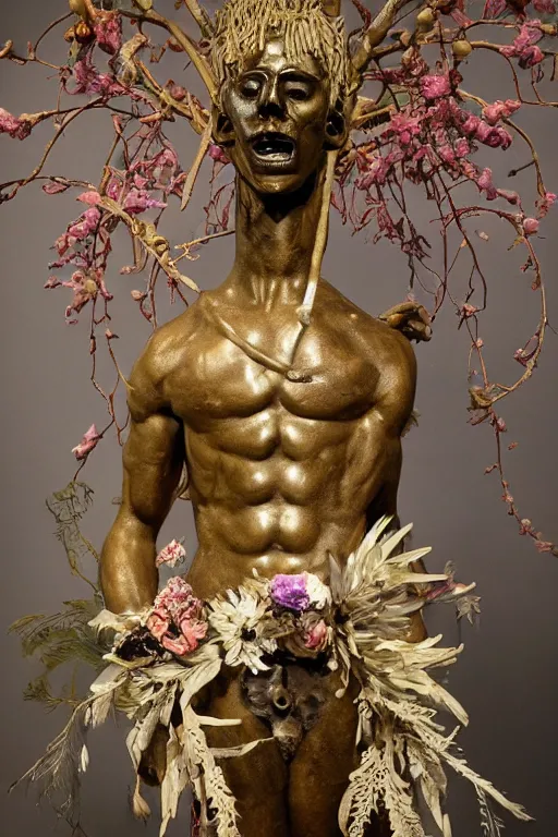 Image similar to Jean-Michel Basquiat as a bronze full-body statue of Icarus in the position of spreading his arms like a bird , glowing quartz crystal skull, wreath of ferns, flowing sakura-colored silk, fabric, flowers. baroque elements, human skull. full-length view. baroque element. intricate artwork by caravaggio. many many birds birds on background. Trending on artstation. halo. octane render, cinematic, hyper realism, octane render, 8k, depth of field, 3D