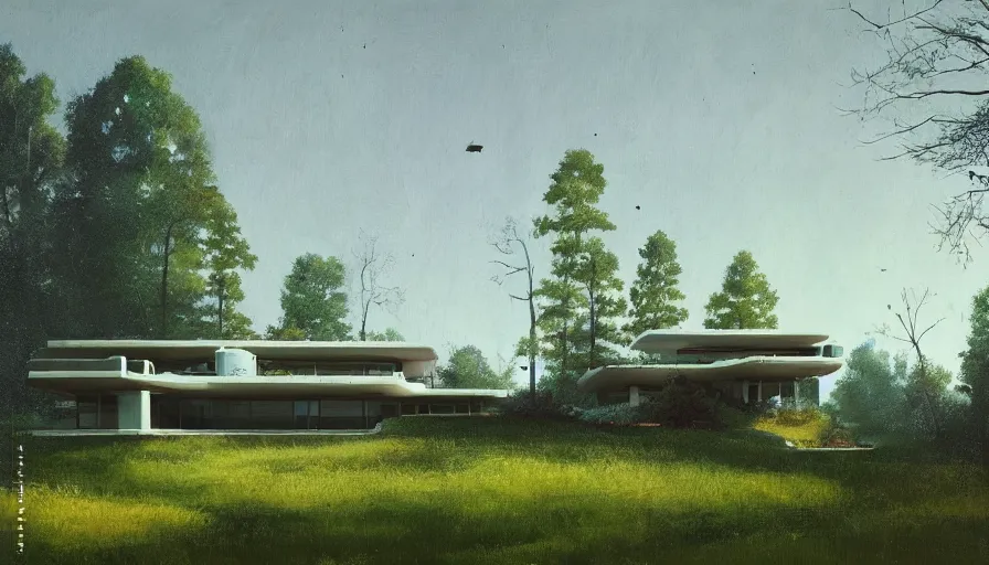 Image similar to modern house on a green hill between trees, frank lloyd wright, simon stalenhag