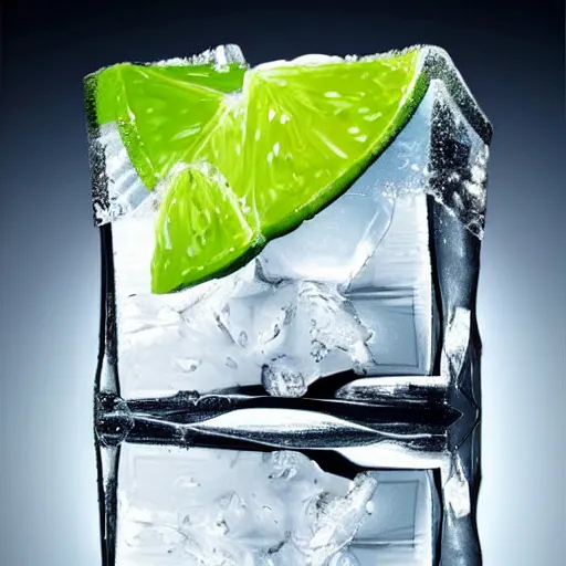 Prompt: award winning ultra - realistic!!! painting of an ice cube starting to melt next to a lime wedge, black background!!!