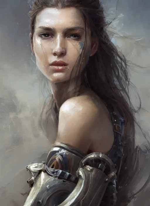 Image similar to a professional photographic portrait of a beautiful young girl, partially clothed in battle armor, olive skin, long dark hair, beautiful bone structure, symmetrical facial features, intricate, elegant, digital painting, concept art, smooth, sharp focus, illustration, beautifully framed, from Metal Gear, by Ruan Jia and Mandy Jurgens and Artgerm and William-Adolphe Bouguerea