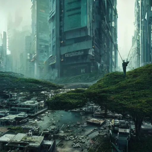 Image similar to beautiful nature reclaiming a dystopian city, cyberpunk, sharp focus, dynamic lights, still, photograph, hyper realistic, masterpiece, octane render, rendered, 3 d, cinematic, cinematic lighting, dramatic lighting, highly detailed, intricate details, texture, cinematic composition, by donglu yu and kevin jick and eddie del rio