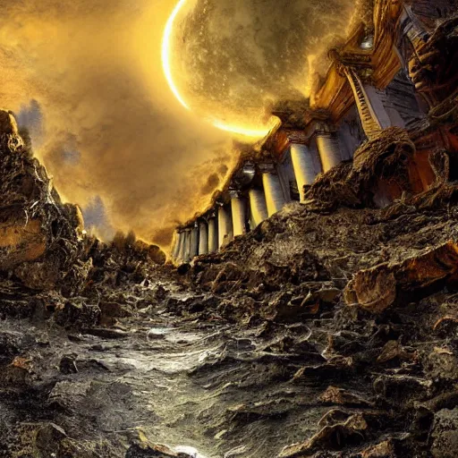 Prompt: pillars supporting sky crumble, sun moon the stars pour down, rivers and oceans rush where the earth sinks, great conflagration quenched by raging flood, epic, digital art, downfall, apocalypse, highly detailed, photo realistic