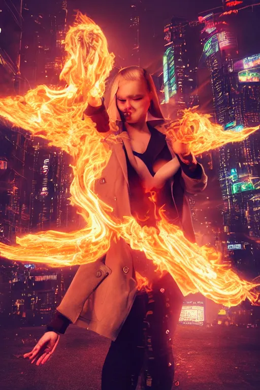 Image similar to wonderful young blonde woman with flames dancing on her hands with a long jacket in a cyberpunk city, realistic, high definition, detailed and realistic face, detailed and realistic hands, expressive eyes, 4 k, shimmering color, epic digital art