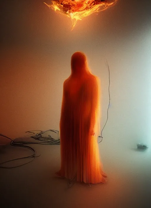 Image similar to rgb wires, portrait, woman, bedroom full of fire, rage, cinematic, movie scene, inspired by zdzislaw beksinski, clothes made out of veins,, cables everywhere, bedroom, ultra realistic, concept art, intricate details, highly detailed, photorealistic, octane render, 8 k