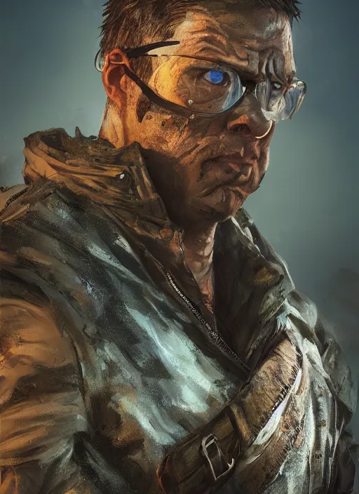 Image similar to A post apocalyptic comic book style portrait painting of a male ranger elder, unreal 5, DAZ, hyperrealistic, octane render, cosplay, RPG portrait, dynamic lighting