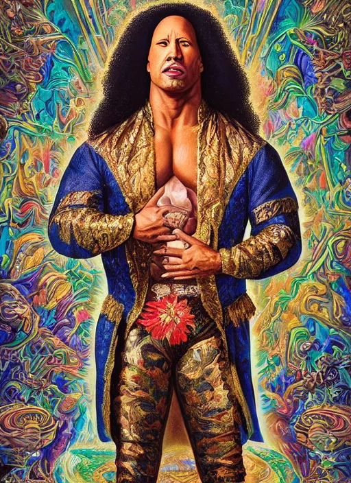 Image similar to beautiful oil painting, full body shot portrait of Dwayne the rock Johnson as Louis xiv in coronation robes 1701, Dan Mumford, Dan Mumford, Alex grey, Alex grey, highly detailed , lsd visuals, dmt fractal patterns, hallucinogen, visionary art, psychedelic art, ornate, vaporwave, baroque