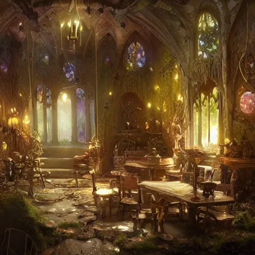 Prompt: a beautiful interior of a fairy castle's hall, wide angle, fully decorated, furnished with fairy furniture, fairy aesthetics, fairy lights, fairycore. concept art by greg rutkowski, elena dudina. high details, soft colour palette, dreamy