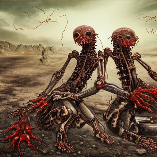 Image similar to conjoined demon twins sitting legs crossed in a desert hellscape covered in gore by Yoshitaka Amano, by HR Giger, biomechanical, 4k, hyper detailed, hyperrealism, anime, a Broken World demons flying overhead, red sky, blood and body parts, deviantart, artstation