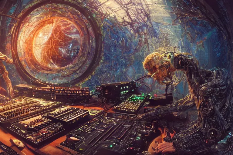 Image similar to a fisheye lens photo of a post apocalyptic tribal cyborg dj god tweaking and playing synthesizers in the most complicated and technical spiral fractal musical studio, powerful, cinematic, beautifully lit, by donato giancola, by artgerm, by karol bak, 3 d, perfect face and body, trending on artstation, octane render, 8 k