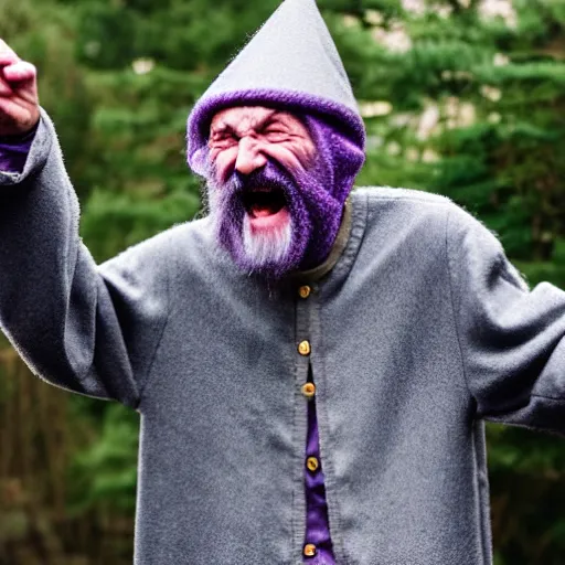 Image similar to an old bald mad wizard with bushy grey eyebrows, long grey hair and wearing a grey wizard hat, disheveled, wise old man, wearing a purple detailed coat, a bushy grey beard, sorcerer, he is yelling and laughing