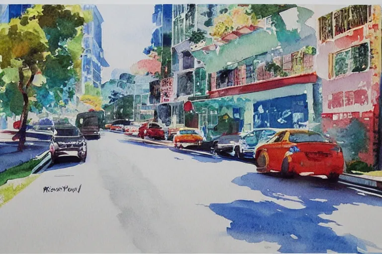 Image similar to !! watercolor!! penang road in a sunny day, artwork by tooth wu, colorful contrast,!! very coherent!!, dark shadow, thick lineart