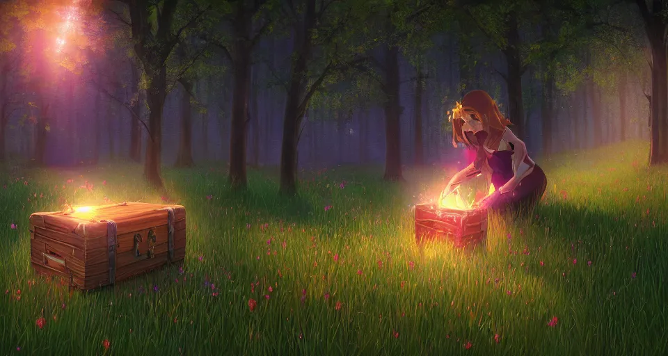 Image similar to Enchanted and magic forest, a glowing treasure chest sits in a meadow by ilya kuvshinov