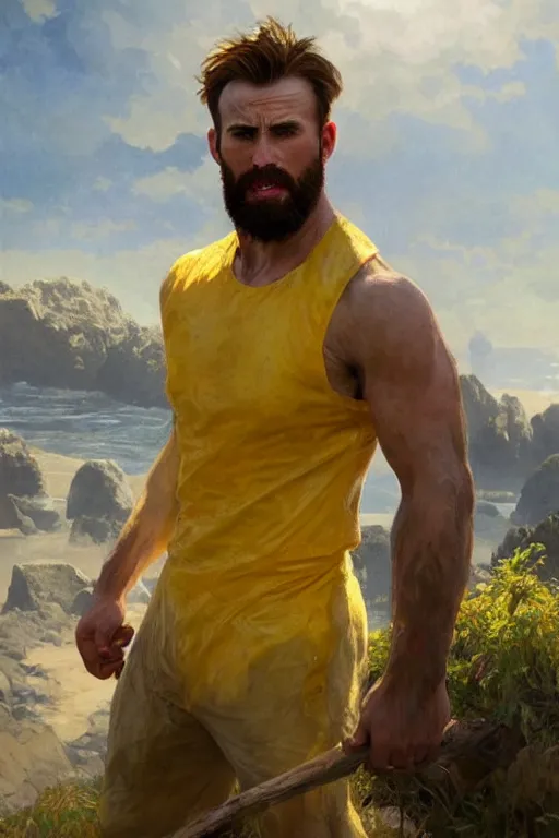 Prompt: chris evans cave man clothes fighting in the sun, yellow lighting ultra realistic photorealistic highly detailed high quality, a stunningly, digital painting, artstation, concept art, smooth, sharp focus, illustration, art by artgerm and greg rutkowski and alphonse mucha 8 k