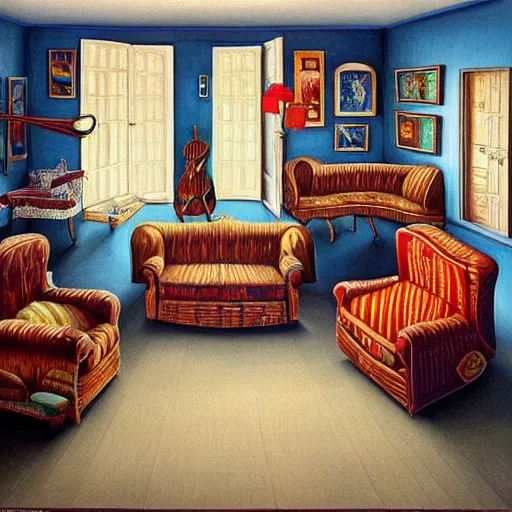 Prompt: a painting of a living room filled with furniture, a surrealist painting by jacek yerka, cgsociety, fantastic realism, surrealist, detailed painting