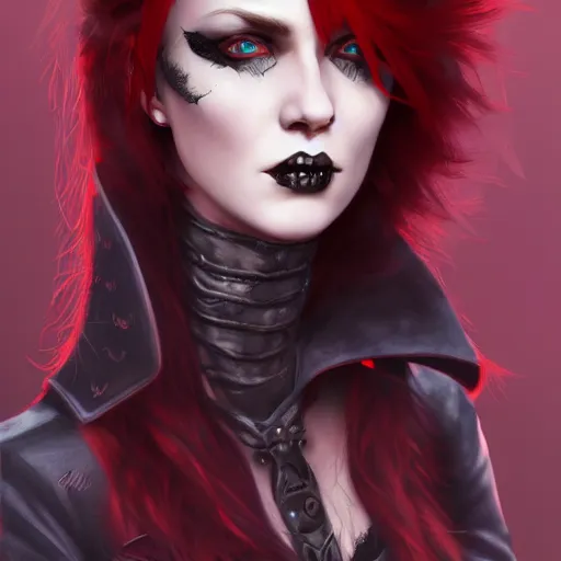 Image similar to a woman wearing a gothic outfit, red hair, highly detailed, digital painting, artstation, concept art, smooth, sharp focus, illustration