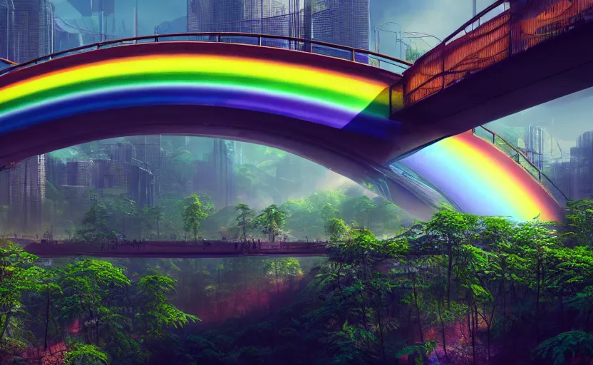 Prompt: incredible, mindblowing beautiful wide rainbow high - tech bridge, matte painting, artstation, solarpunk metropolis, cgsociety, dramatic lighting, vibrant greenery, concept art, octane render, arnold 3 d render