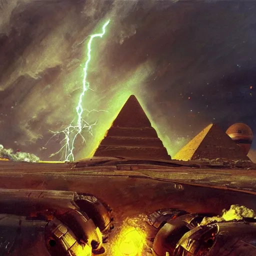 Prompt: a egyptian spaceship, stuck in the ground, the spaceship is on fire, smoke, rainstorm, lightning, angry, kinetic, john sargent, adolphe bouguereaum, norman rockwell, trending on artstation, highly detailed oil painting,