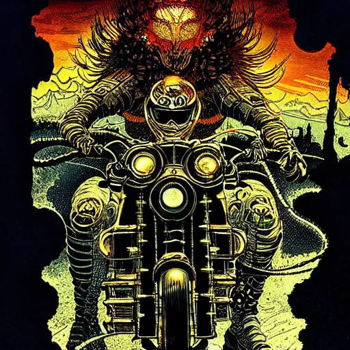 Prompt: infernal motorbiker, atmospheric lighting, painted, intricate, golden hour, ultra detailed by philippe druillet