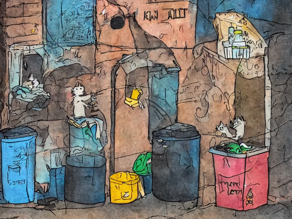 Prompt: a single lonely little alley cat living inside trash at night in downtown, in the style of kahlo and matisse